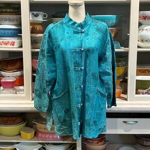 Vintage Uru Kristine St Rrik Boat Coat in Turquoise Textured Silk - Size Large